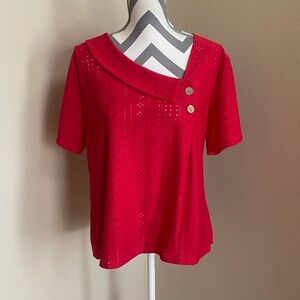 Red Short-Sleeve Top - Shirt with Decorative Buttons - Size: XL